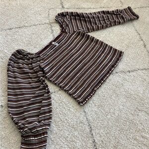 Anthropologie Brown and White Puff Sleeve Crop Top